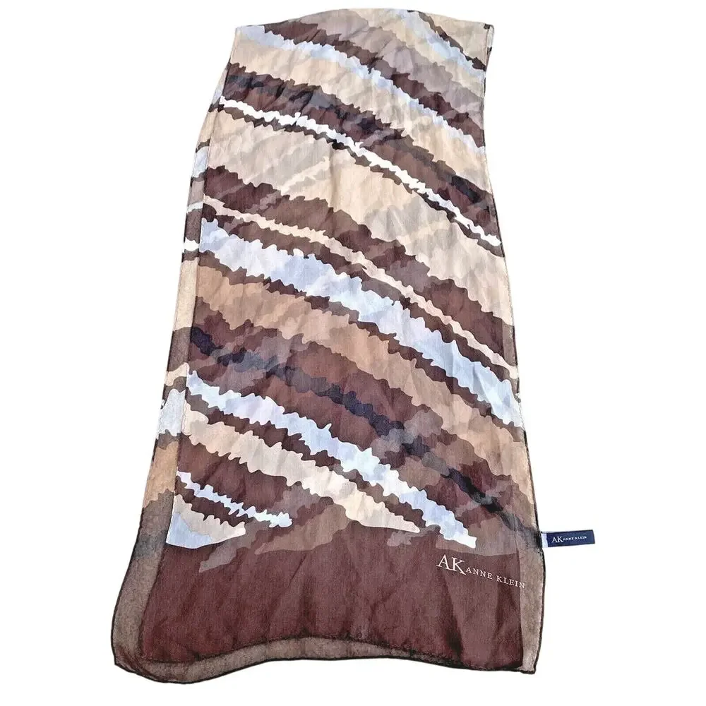 Vintage Anne Klein sheer silk scarf brown tan abstract print long rectangle chic